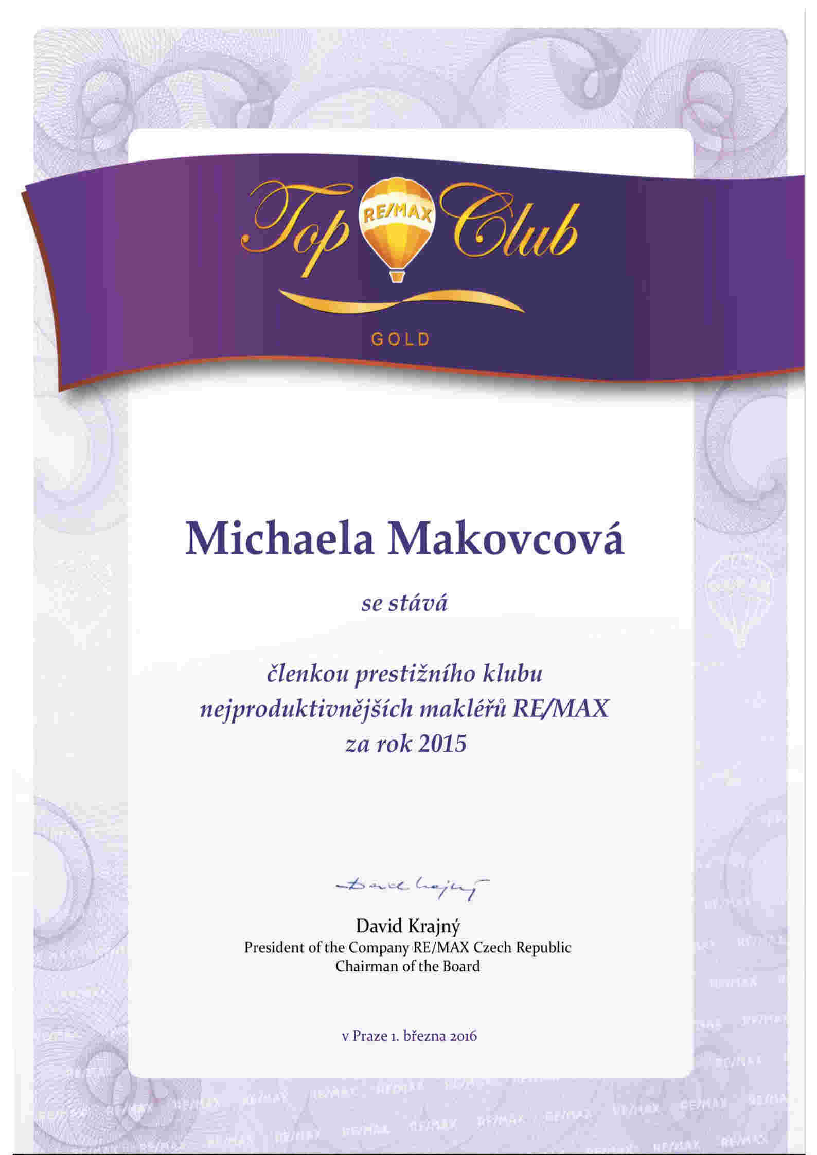 Certifikát TOP CLUB GOLD 2015